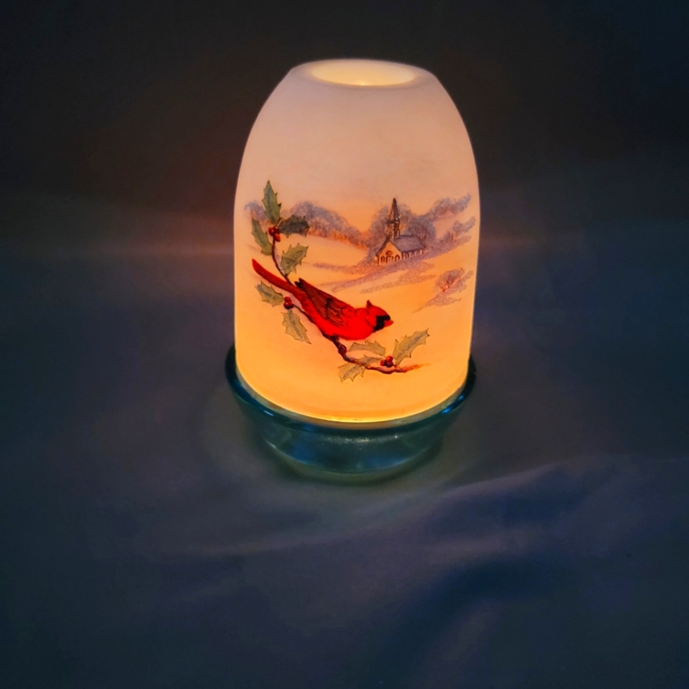 Fenton Cardinal In The Churchyard Satin Glass Fairy Lamp, Candle Holder